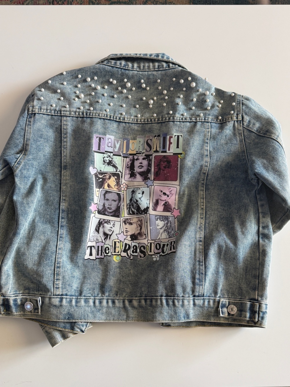 Custom-Made Taylor Swift "The Eras Tour" Pearl-Embellished Light Wash Jacket - Picture 4 of 5